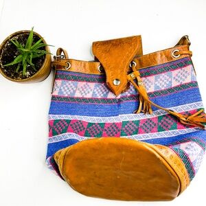 BOHO Vintage Festival Multicolor Patterned Leather Trim Bag